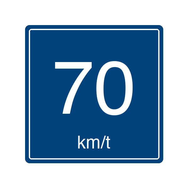 F&aelig;rdselstavle E39 Anbefalet hastighed 70 km/t &ndash; bl&aring; rektangul&aelig;r oplysningstavle