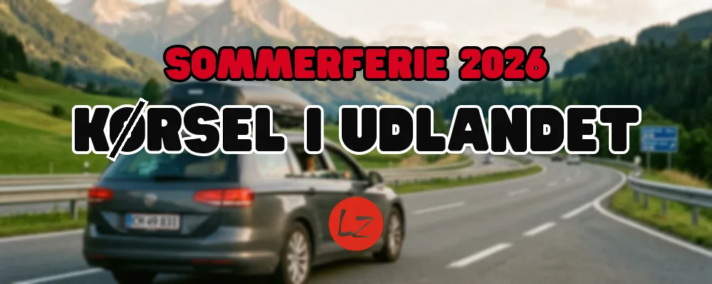 Bil med tagboks på europæisk motorvej — kørsel i udlandet sommerferie 2026